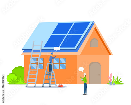 Engineering talking technical electrical management solar cells with smart home for concept technology renewable energy, sustainable development, green environment. Vector people working building 