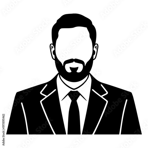 A minimalist vector graphic illustration of a bearded businessman in a suit and tie