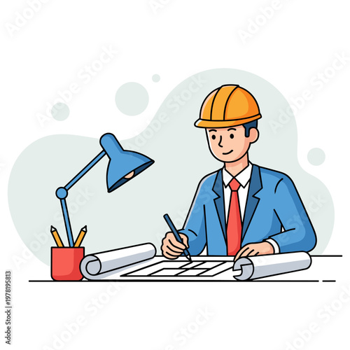 Engineer drawing building plans at desk with lamp and rolled blueprints. non editable strokes