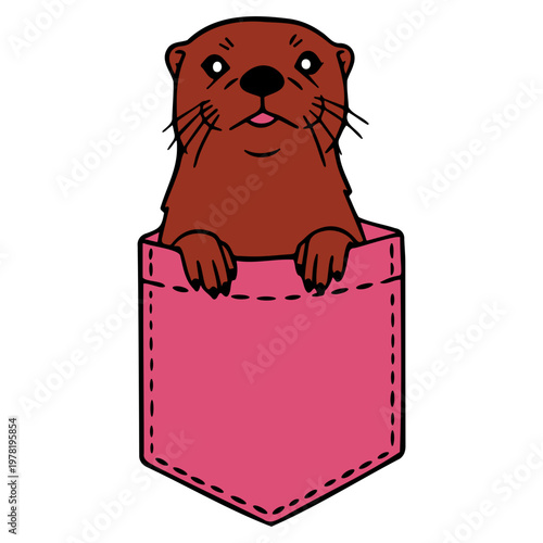 A cute cartoon beaver peeking out of a pink pocket on a white background