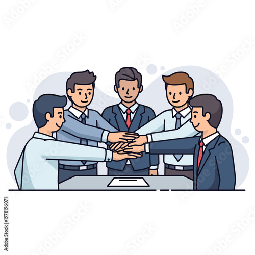 Corporate team joining hands in meeting room around table. non editable strokes