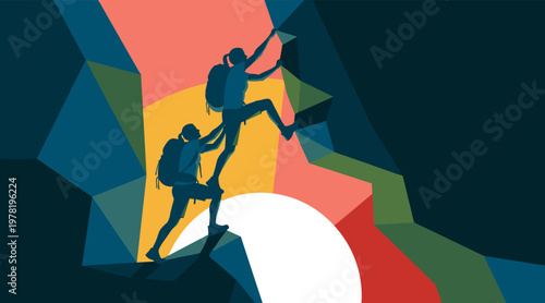 Two climbers ascending rocky cliff against stylized sunset opening