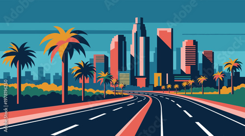 City skyline along curved highway lined with palm trees