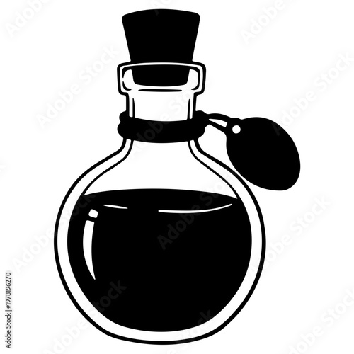 A black and white vector graphic illustration of a glass bottle with a stopper and dropper