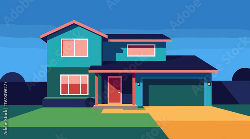 House painted and lit in suburban neighborhood scene