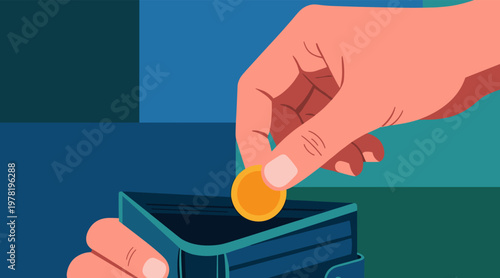 Hand placing coin into open wallet on flat background