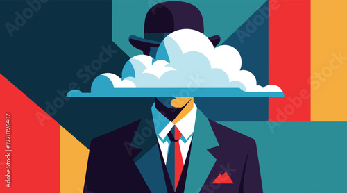 Man with cloud covering face wearing suit in abstract background