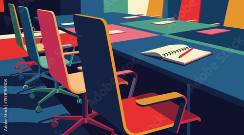 Office chairs arranged around conference table in meeting room