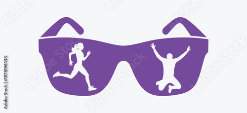 Purple sunglasses silhouette frame containing white figures of a running woman and jumping man