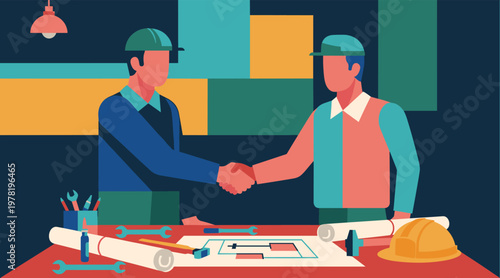 Construction workers shaking hands over blueprint on table