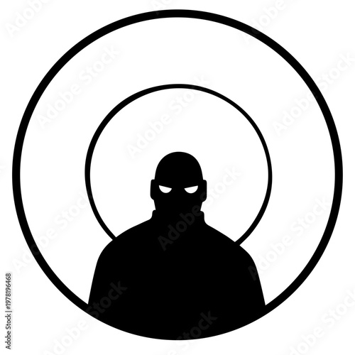 A minimalist vector graphic of a mysterious figure in a circular design
