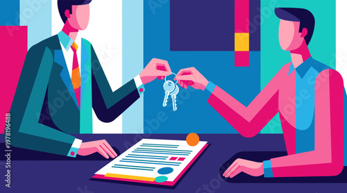 Businessperson handing keys to client at office desk meeting