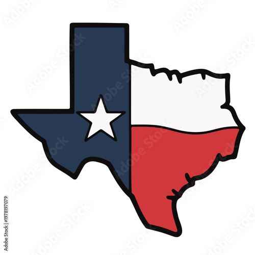 A vector graphic illustration of the state of Texas with the Texas flag colors and design