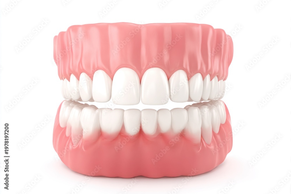 Fototapeta premium Set of human teeth displayed in a model showing the upper and lower jaws with a focus on dental structure and alignment during a dental demonstration in a clinic