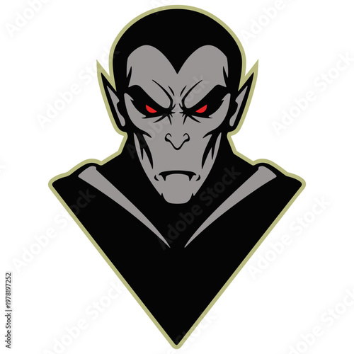 A cartoon vampire character with red eyes and a black cape in a vector graphic illustration