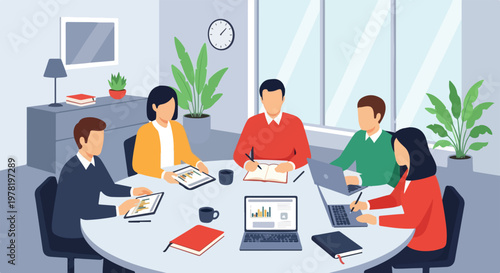 A group of five diverse professionals holds a collaborative business meeting around a round table in a modern, plant-filled office space.