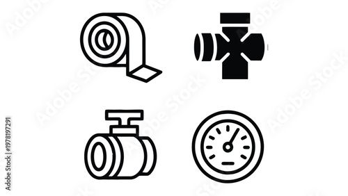 Plumbing Icons: A collection of simple, stylized icons, conveying the essence of plumbing components and instrumentation, useful in design. 