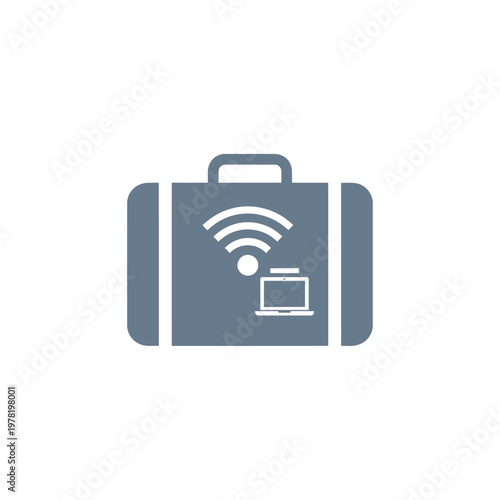 Suitcase with Wi-Fi Signal and Laptop Screen Icon isolated white background