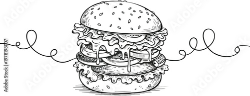 A simple continuous line drawing of a delicious double cheeseburger with sesame seeds. Vector, illustration
