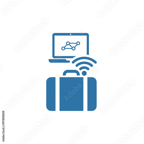 Suitcase with Laptop and Wi-Fi Signal for Mobile Work isolated white background