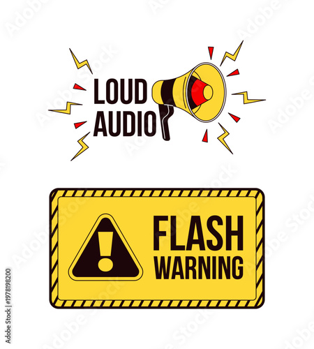 Loud audio and flash warning label overlays set. Intense sound and visual. Isolated vector signs. Digital media alerts. Attention elements. Graphic illustration collection with text. Platform messages