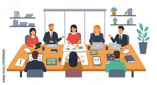 A diverse group of business professionals is actively collaborating and sharing ideas during a productive meeting in a modern office.