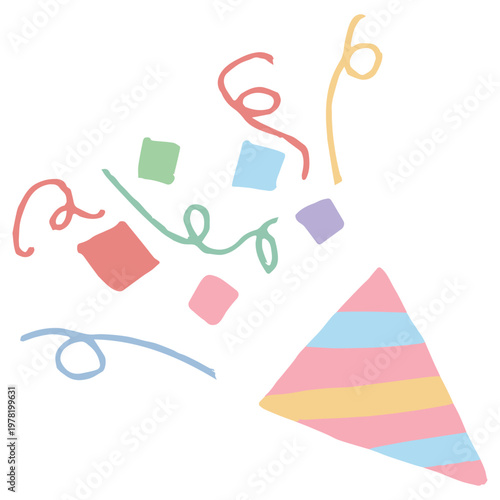 ふわふわパステルバースデー｜賑やかな紙吹雪とテープのクラッカー 幼稚園・保育園向けイラスト