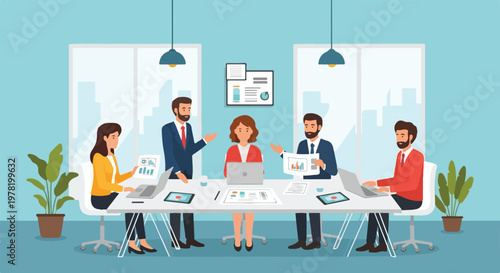Cuadro en lienzo A group of business professionals are having a meeting in a bright office, working on laptops and analyzing charts to develop corporate strategies