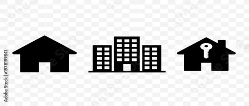 real estate icons, house, apartment building, and property symbols.A set of black and white icons representing real estate and property concepts, including a house, apartment building, and a house wit