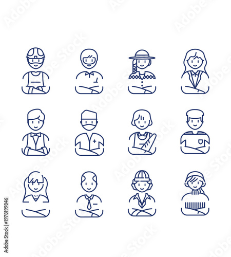 Série avatars au trait vectoriel mêlant métiers et styles de vie : ouvriers, santé, sport service et profils lifestyle avec accessoires. Idéal pour illustration, communication et projets éditoriaux.