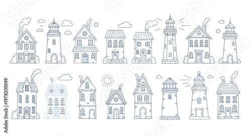 Diverse architectural sketches of houses and lighthouses in a monochromatic style Vector