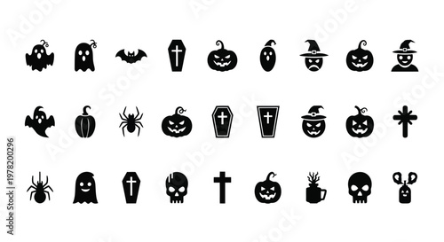 Halloween-themed icons collection showcasing classic spooky symbols and characters Vector