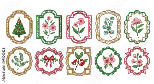 Colorful circular holiday-themed decorative badges with festive designs