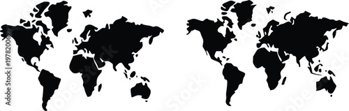 World map silhouette collection featuring two different earth projections for global geography art.