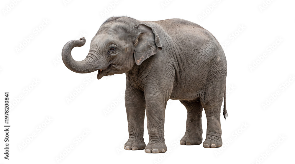 Obraz premium Elephant standing in a neutral space, showing trunk position and body posture during a calm moment in captivity or a habitat, cutout background, transparent background,