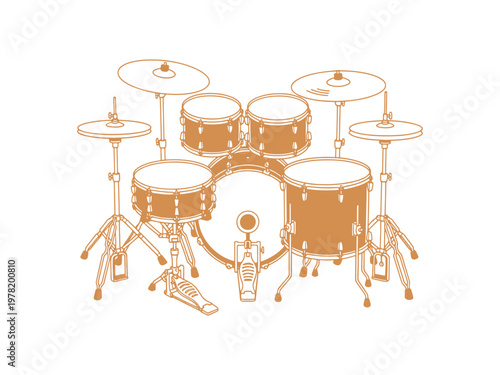 A drum set with cymbals and pedals on a white background