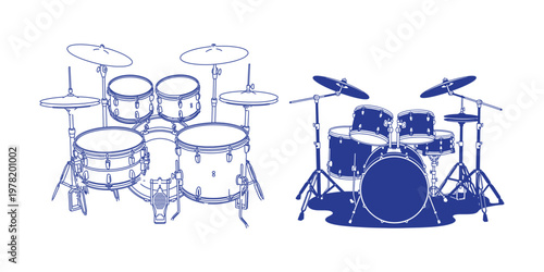 Two different drum sets in blue line art on white background