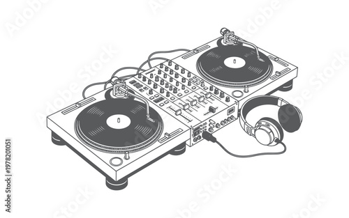 Dj equipment with turntables and headphones on a white background