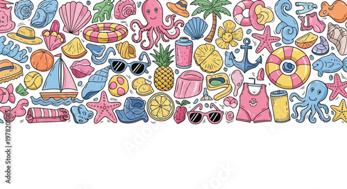 Colorful assortment of playful cartoon characters and icons