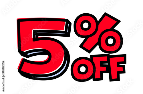 5%OFFの文字パーツ。黒太フチと赤文字のポップなセールロゴ。背景透過で使いやすい素材