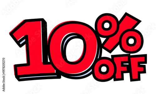 10%OFFの文字パーツ。黒太フチと赤文字のポップなセールロゴ。背景透過で使いやすい素材