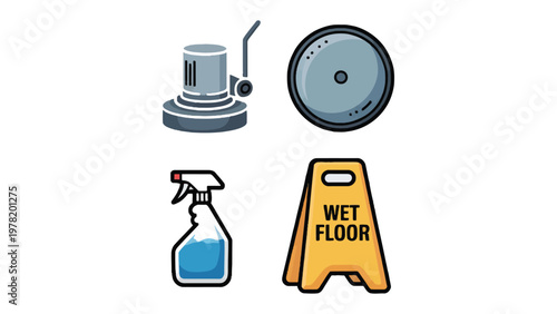 Cleaning Icons: A set of essential cleaning items, each illustrated with precision, showcasing the tools and equipment needed for effective sanitation and maintenance.