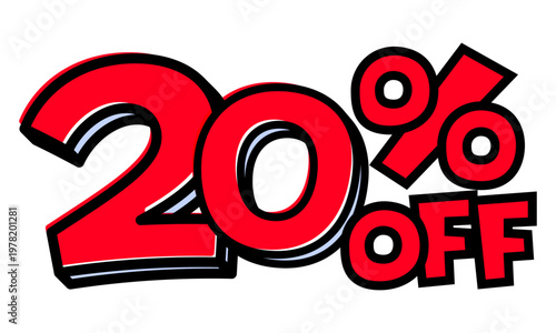 20%OFFの文字パーツ。黒太フチと赤文字のポップなセールロゴ。背景透過で使いやすい素材