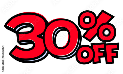 30%OFFの文字パーツ。黒太フチと赤文字のポップなセールロゴ。背景透過で使いやすい素材