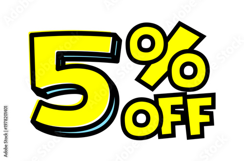 5%OFFの文字パーツ。黒太フチと黄色文字のポップなセールロゴ。背景透過で使いやすい素材