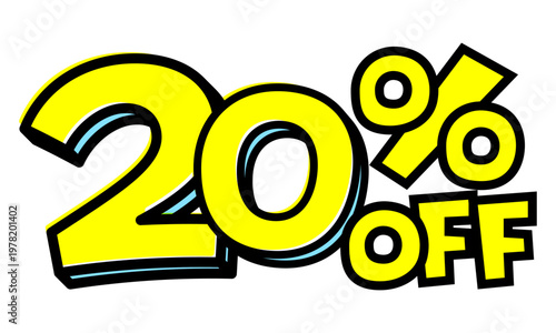 20%OFFの文字パーツ。黒太フチと黄色文字のポップなセールロゴ。背景透過で使いやすい素材