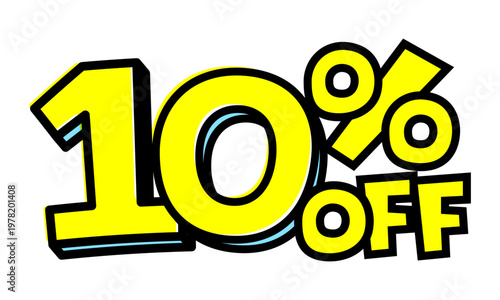 10%OFFの文字パーツ。黒太フチと黄色文字のポップなセールロゴ。背景透過で使いやすい素材