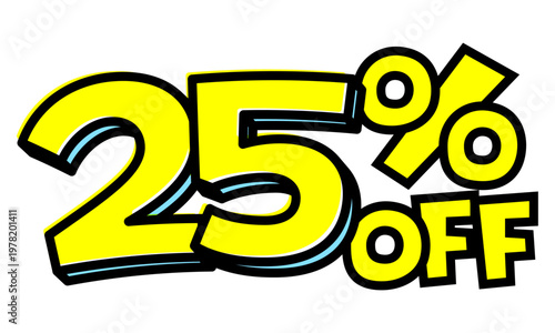 25%OFFの文字パーツ。黒太フチと黄色文字のポップなセールロゴ。背景透過で使いやすい素材