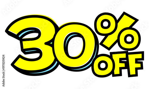30%OFFの文字パーツ。黒太フチと黄色文字のポップなセールロゴ。背景透過で使いやすい素材