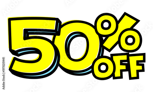 50%OFFの文字パーツ。黒太フチと黄色文字のポップなセールロゴ。背景透過で使いやすい素材